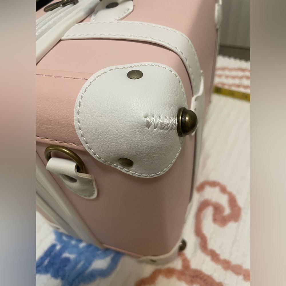 Pink and White Vintage-Style Petite Suitcase Shoulder Bag Makeup Bag 12”x 10” - Picture 8 of 14